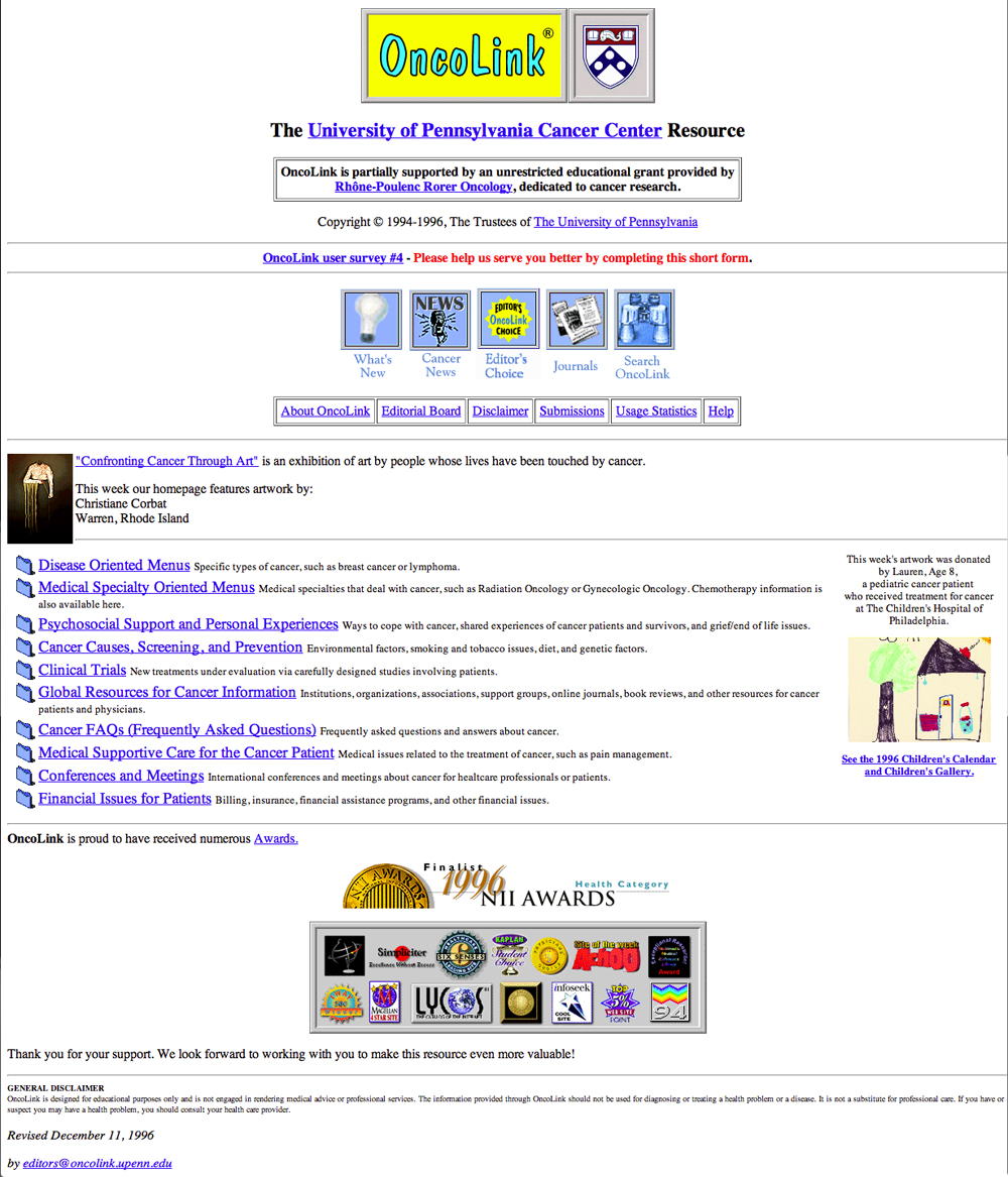 OncoLink Homepage from 1996